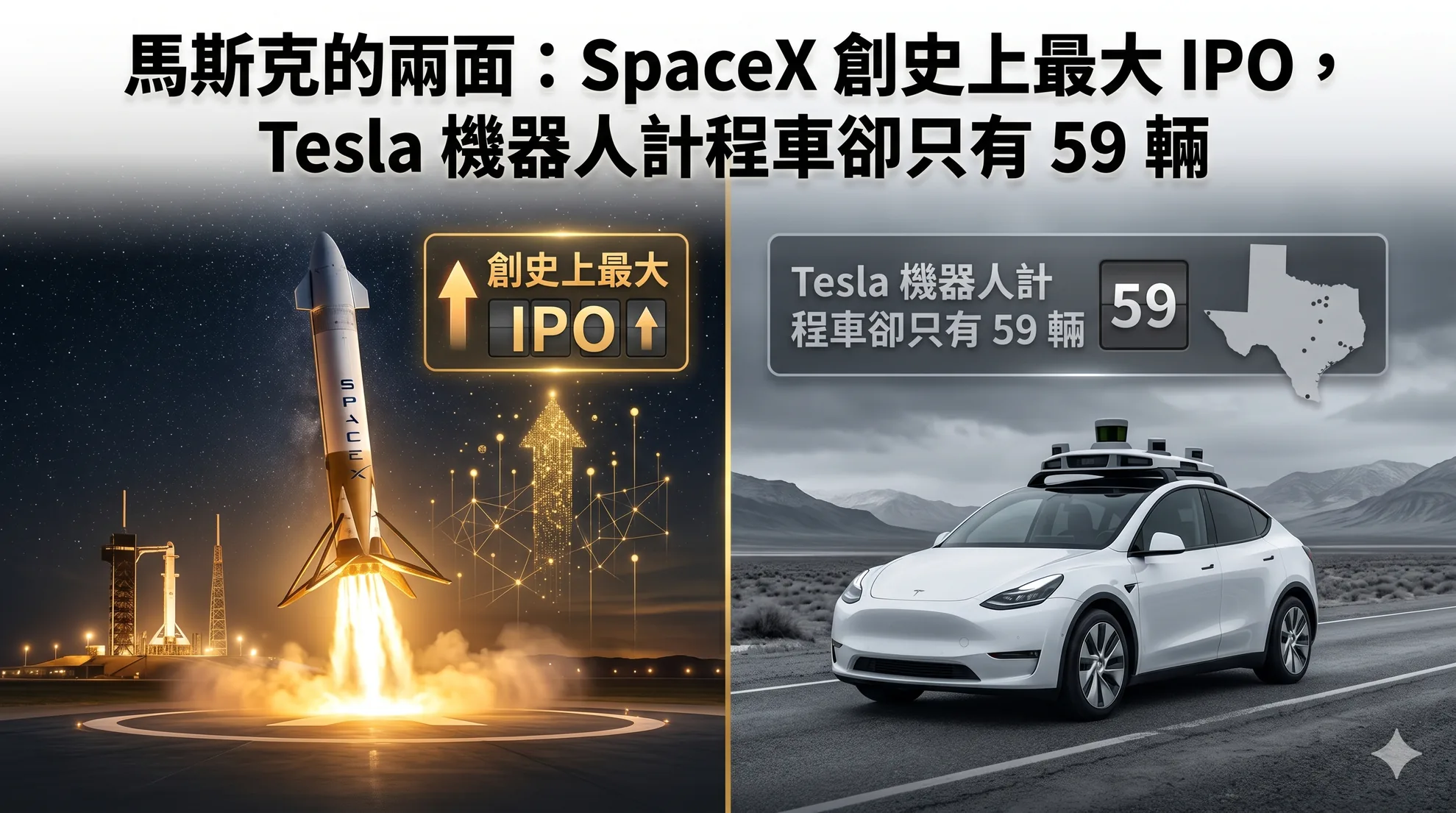馬斯克的兩面:SpaceX 創史上最大 IPO,Tesla 機器人計程車卻只有 59 輛
